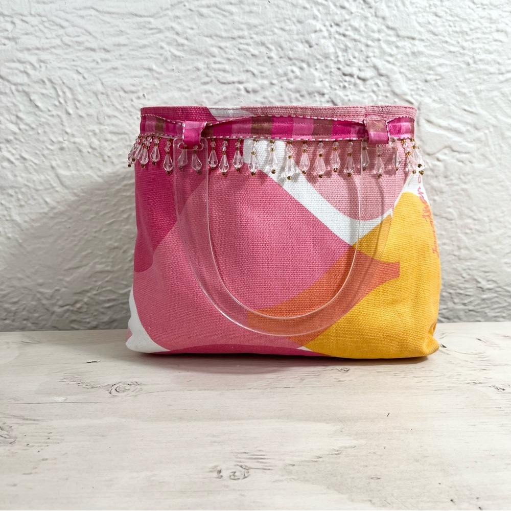 Jonathan Adler Bag Canvas Pink Yellow White Lucite Handle Beaded Small